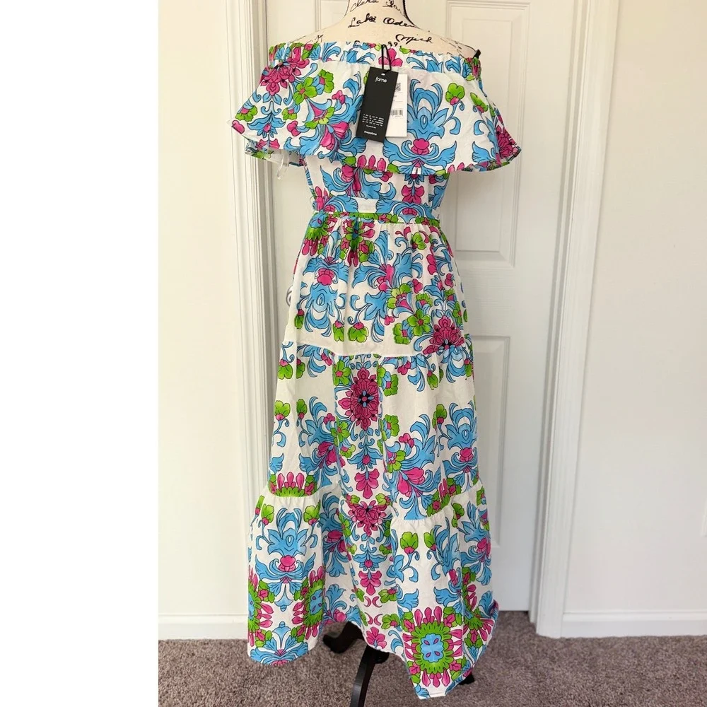 Fame Istanbul Floral Off Shoulder Maxi Dress White Blue Pink Green Tiered M - Picture 13 of 14